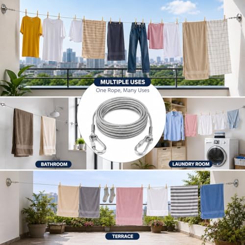 Image of Heavy Duty Clothes Drying Rope with Hooks, Stainless Steel Wire Clothesline for Balcony, Bathroom & Outdoor Use (10 Meter)