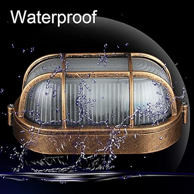 RTNLIT Nautical Bulkhead Light Fixture Antique Copper Outdoor Wall Light Fixture Grid Oval