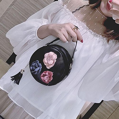 Diamondo Bolsa de ombro redonda feminina de couro sintético com estampa floral e borla transversal