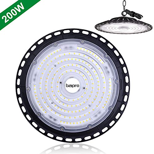 200W UFO Projecteur à LED, bapro Plafonnier LED 20000LM Lampe Industrielle, IP65 Ultra-Mince Spot High Bay Light 6500K,éclairage d'atelier pour Garage, Usine, Atelier, Gymnase [Classe énergétique A++]