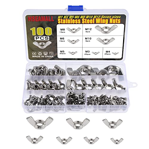 HSEAMALL 100PCS Wing Nuts Stainless Steel M3 M4 M5 M6 M8 M10 Butterfly Wing Nuts Assortment Kit for DIY Tools