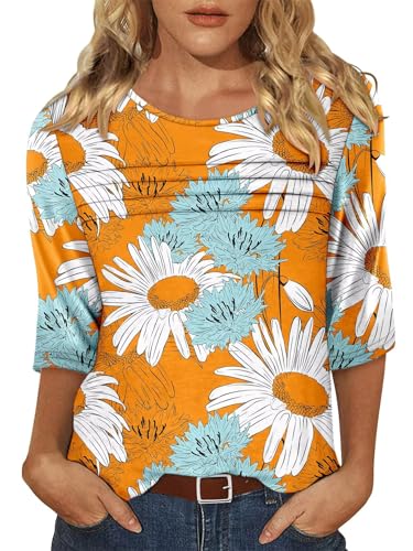 KISSMODA Women's Casual 3/4 Sleeve T-Shirts Round Neck Cute Tunic Tops Basic/Pleated Summer Tops Trendy Spring Blouses