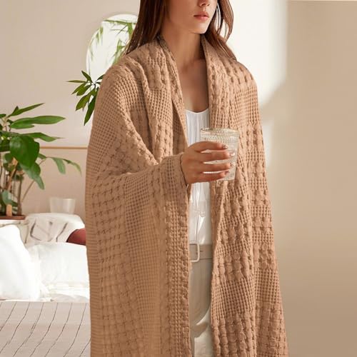 Image of PHF 100% Cotton Waffle Throw Blanket for Couch, Lightweight Breathable and Soft for Summer, Luxury Aesthetic Waffle Weave Blanket for Home Decor & Office, Gifts for Women, 50 inchx60 inch, Clay