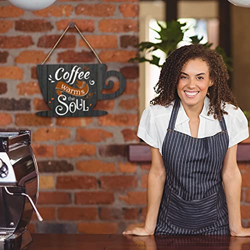 Image of Jetec Wooden Coffee Bar Signs for Wall 11.8 x 6.8 Inches Hanging Sign Rustic Vintage Cup Plaque Coffee Warms The Soul for Cafe Station Signs Decorations Small Farmhouse Cafe Sign Home Kitchen