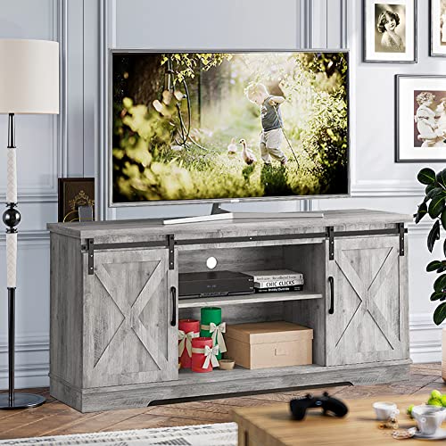 Amyove Farmhouse Tv Stand For 65 Inch Tv, Entertainment Center Tv Media Console Table, Tall Tv Stand With Storage, Barn Doors And Shelves, Grey Modern Tv Console Cabinet Furniture For Living Room #TOP7