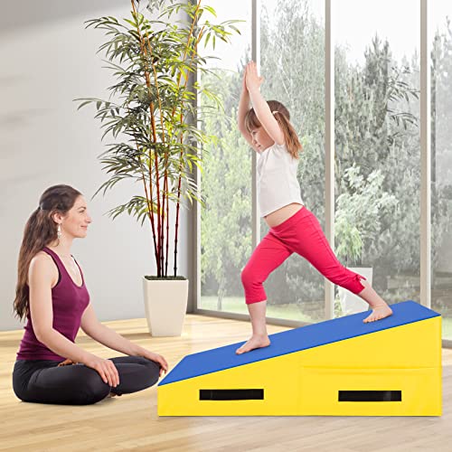 Giantex Cheese Mat For Gymnastics, Folding And Non-Folding Incline Gymnastics Wedge Mat For Kids Girls Home Training Exercise, Gymnastics Tumbling Mat, Blue/Yellow (37''X23''X14'') #TOP1