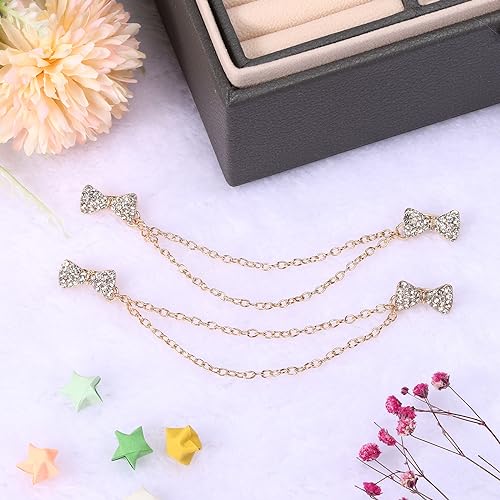 Image of uxcell Bowtie Sweater Clips Retro Cardigan Collar Clips with Chain Shirt Clips Shawl Clips Clothes Clip for Women(Gold)