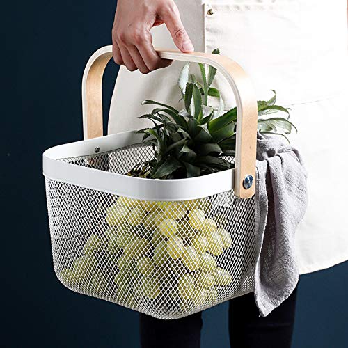 Ajioda Metal Mesh Steel Basket, Storage Organizer Basket Multi-Functional Hanging Kitchen Baskets Fruit Basket Bin With Bamboo Handle For Kitchen Bathroom Picnic Shopping Decor Cabinet Home, White #TOP4
