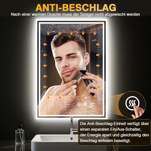 PESENXAN Badspiegel mit Beleuchtung 50x70cm, Spiegel Bad mit Beleuchtung 3 Lichtfarben, Dimmbar, Anti-Beschlag, Bad Spiegel mit Licht… – Ansicht 4