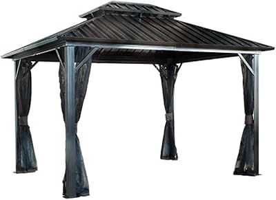 Sojag 12' x 12' Genova II Hardtop Gazebo Outdoor Weather-Resistant Aluminum Frame Shelter with Mosquito Net Black,Brown