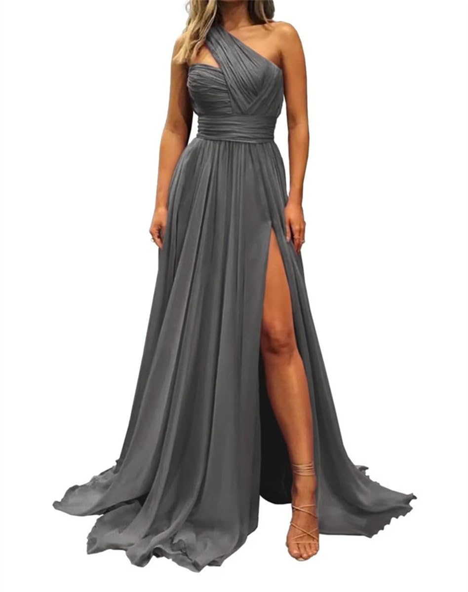 WSEYU Chiffon Bridesmaid Dresses with One Shoulder Sweep Train A-Line Formal Evening Dresses Grey UK12