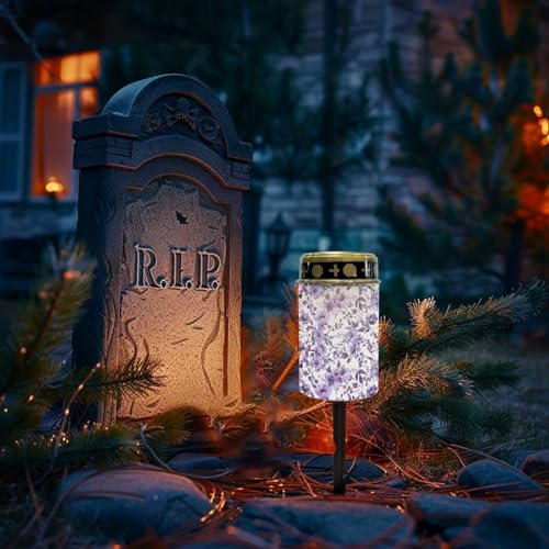 Image of Purple Floral Cemetery Solar Lights Water Resistant LED Flameless Candle Grave Lights Solar Powered Grave Decor Memorial Gift Outdoor Garden Decor Light for Prayer 2 Pcs