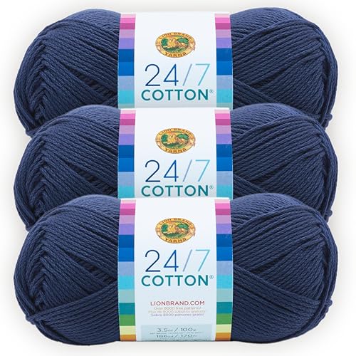 Image of Lion Brand 24 /7 Cotton Yarn, Yarn for Knitting, Crocheting, and Crafts, Navy, 3 Pack | Light Worsted 100% Mercerized Cotton Yarn for Crochet, Knitting, Craft, 185 Yards of Natural Fiber for Tees, Bags, Dishcloths