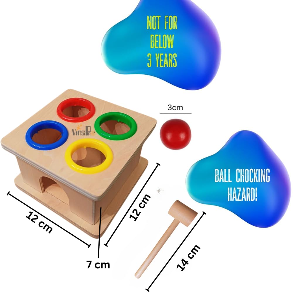 VinsPro® - Wooden Hammer Ball Knock Pounding Bench with Box Case Fine Motor and Dexterity Skills Early Educational Toy Set for Kids 3+ Years (Hammer Ball) 2