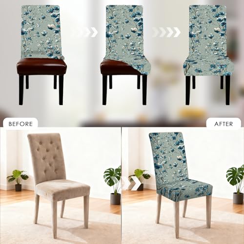 Image of Nuxovilar Blue Flower Light Gray Stretch 23.6x70in 6PCS Chair Covers | Stretch Slipcover Elegant Protector Floral Wrap Seat Guard Dining Room Modern Living Peaceful Space (Blue Floral)