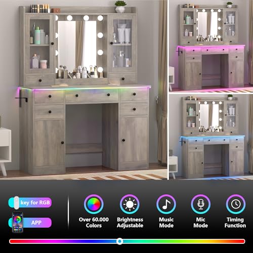 Image of Wodeer Vanity Desk with Mirror and Lights, 43 inch Grey Makeup Vanity Set with 5 Drawers & Glass Cabinets, Makeup Tray, Power Outlet & Adjustable LED Lights, Dressing Table for Women & Girls Bedroom