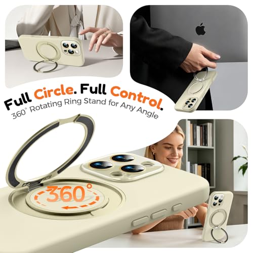 Image of Silicone 360 Spin Magnetic Stand Case for iPhone 16 Pro Max, [Compatible with Mag-Safe][Reinforced Hard Camera Protection] Liquid Silicone Rubber Phone Cover with Ring, Camera Button, Ivory
