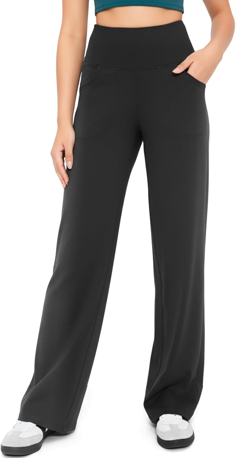 High Waisted Wide Leg Yoga Pants with Pockets, Straight Leg Lounge Pants for Women, Stretch Sweatpants Trousers