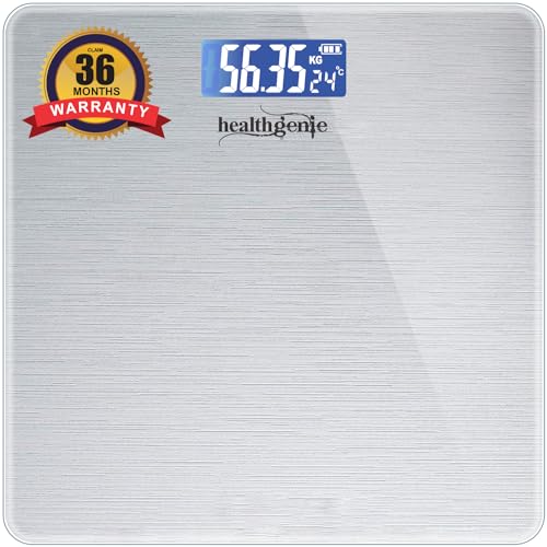 Image of Healthgenie Weight Machine for Body Weight With 3 Yrs Warranty & Thick Tempered Glass LCD Display Digital Weighing Machine (Brushed Metallic) HD-221