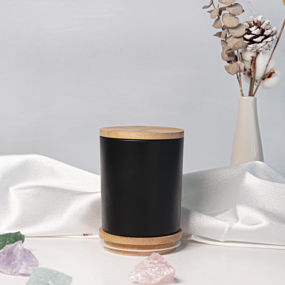 R FLORY 7+7 oz Set di 2 vasi per candele in vetro spesso con coperchi in bambù Porta barattoli da bagno Vanity Storage Cotton Swabs (Nero opaco)