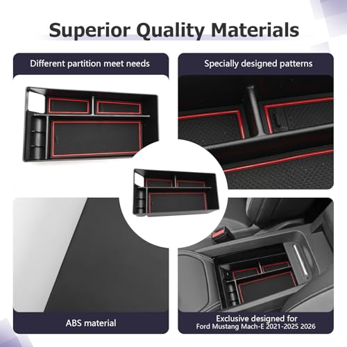 Image of LUWU 2024 Mustang Mach E Center Console Organizer for 2021-2024 Ford Mustang Mach E Select /Premium /GT Accessories Armrest Console Storage Box Glove Organizer Tray ABS Material (Red)