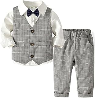 ROSEBEAR Toddler Boys Dress Gentleman Outfits Suits 4PCS Kids Boy Clothes Sets Bowtie Shirts Suspenders Pants