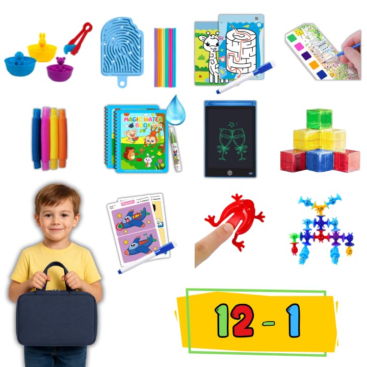Pack Entretenimiento Infantil Azul 11 Juegos 3-7 Años, Acuarelas, Pizarra, Laberintos, Bloques Magneticos, Libros Agua, Clasificacion Color, Contruccion Ventosas, Tablero Sensorial Montessori, Tubos