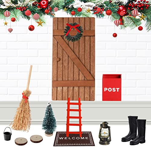 Wichteltür Zubehör Weihnachten, Wichteltür Zubehör Set Weihnachtswichtel Tür Holz Miniatur Wichtel Zubehör Weihnachtsbaum Laterne Kranz Holzleiter, Deko Dänische Wichtel Nissedor Ornament Kit Cover