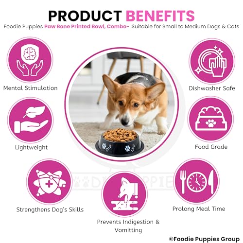 Image of Foodie Puppies Stainless Steel Dog Bowl Combo - (Medium, 700ml) Food and Water Feeding Gift Bowl | Suitable for Dogs, Cats and Other Pets I Paw Bone Print, Anti-Skid Rubber Base (Pink + Black)
