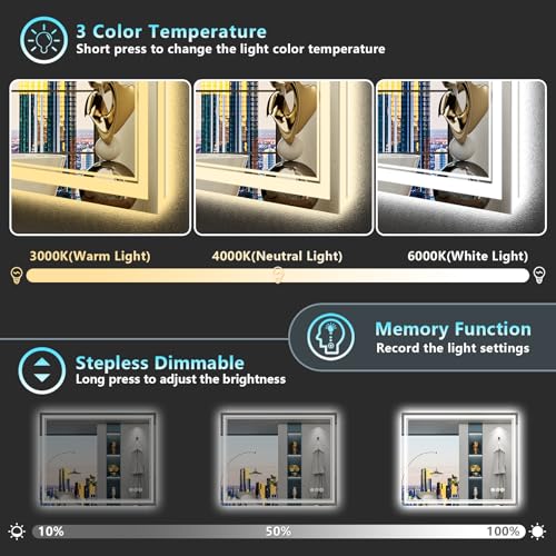 Image of 32x36 LED Bathroom Mirror with Lights, Backlit and Front Lit Anti-Fog Lighted Vanity Mirrors for Bathroom Wall, Dimmable, 3-Color Light, Memory, Shatter-Proof, HD Tempered Glass, CRI>90
