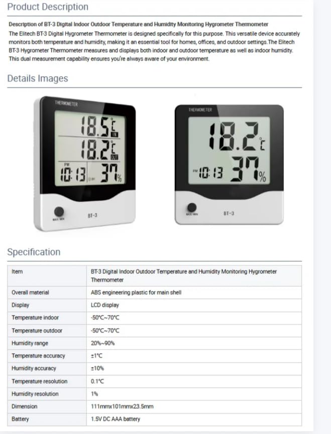 Digital LCD Display Indoor Outdoor Tempand Humidity Tester Hygrometer