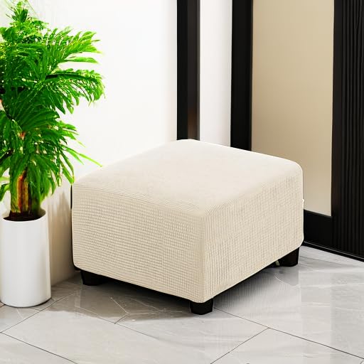 Image of H.VERSAILTEX Square Ottoman Covers Ottoman Slipcovers Folding Storage Stool Furniture Protector Form Fit with Elastic Bottom, Stretch High Spandex Small Checks Jacquard Fabric(Medium,Natural)
