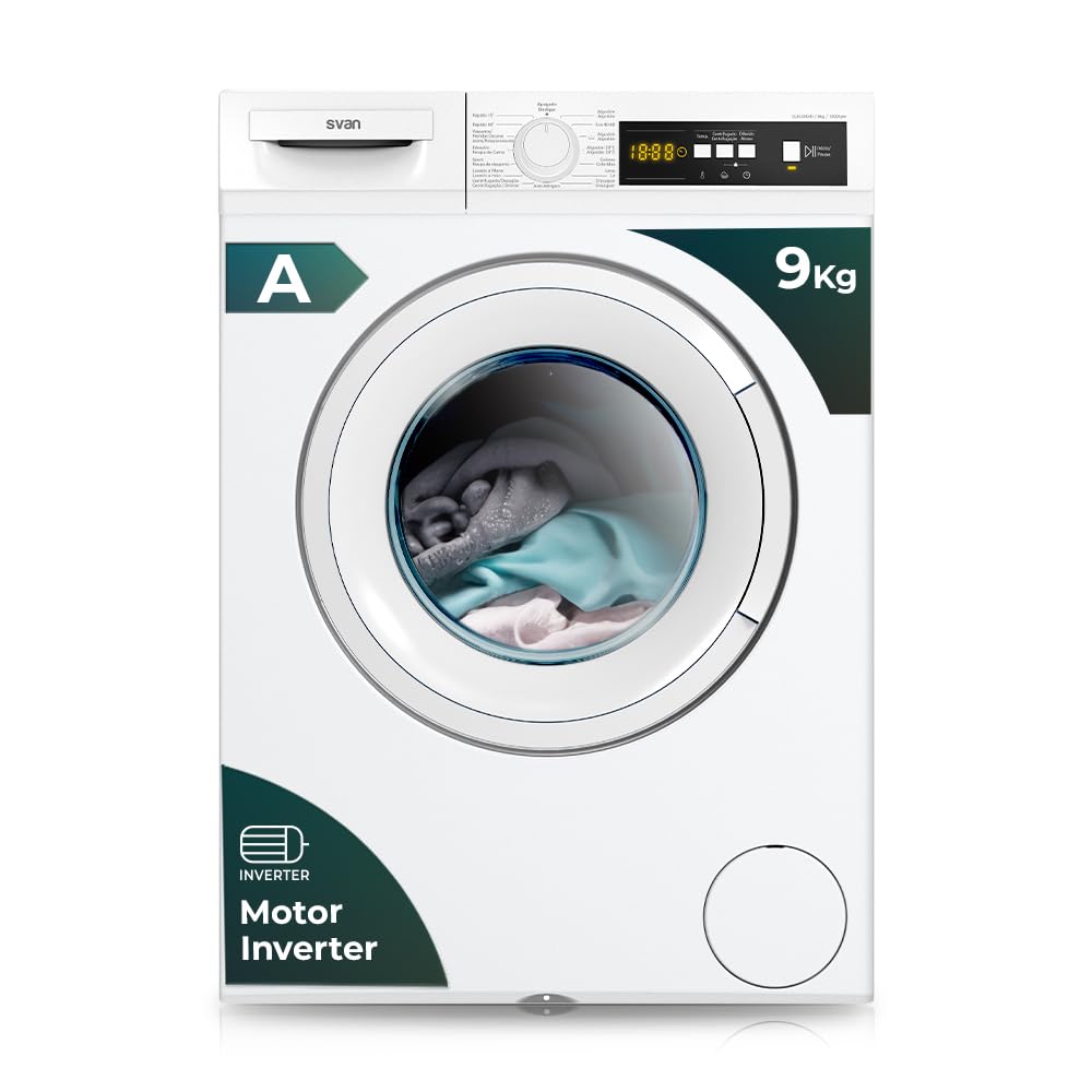 Svan Lavadora 9Kg Carga Frontal Blanco SL9120DID. 2200W, 1200rpm, Motor Inverter, 15 Programas, Función Stop&Go, Clase de Eficiencia Energética A