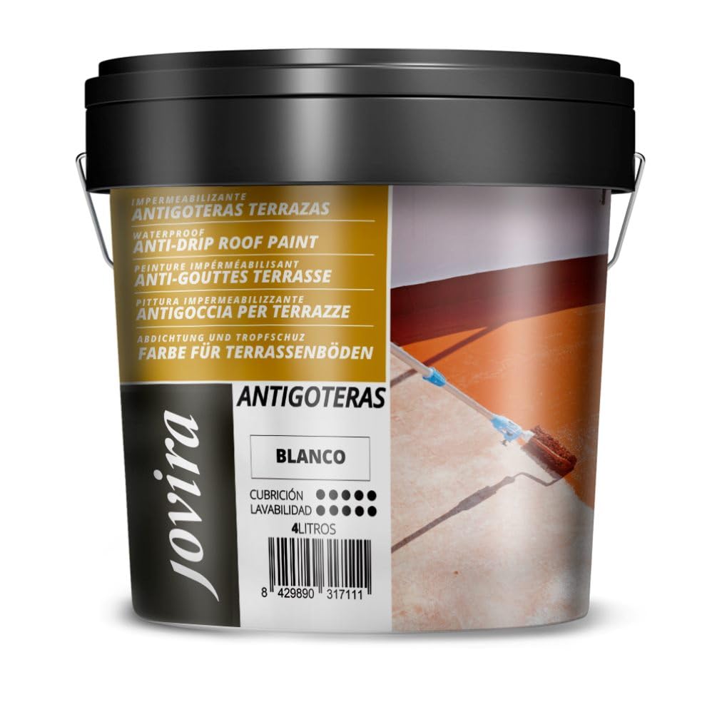 JOVIRA PINTURAS Impermeabilizante Antigoteras, Terraza Antigoteras Caucho Elástica, pintura de terrazas, evita filtraciones en todo tipo de cubiertas y terrazas. (4 Litros, Blanco) A-48