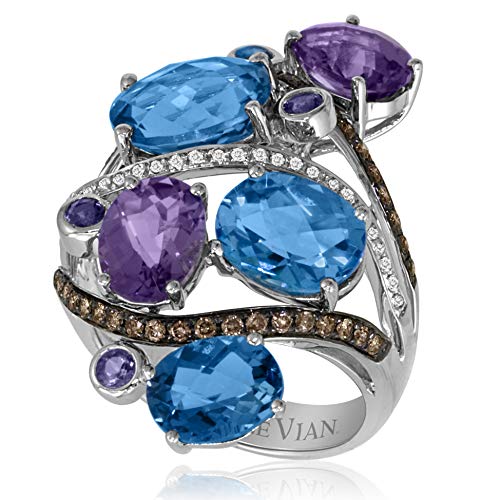LeVian 14K White Gold, Blue & White Topaz, Amethyst, Iolite, 1 3 Cttw Chocolate Diamond Statement Ring (Fancy Brown Color, SI1-SI2 Clarity) Size 7