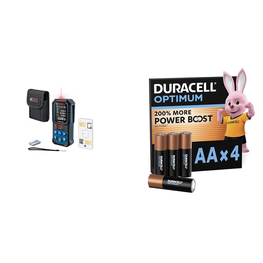 Bosch Professional medidor láser GLM 50-27 C (Alcance: hasta 50 m, Robusto, IP65, Transferencia de Datos Mediante Bluetooth, 2 Pilas AA, Correa de sujeción + Duracell Optimum Pack de 4 AA