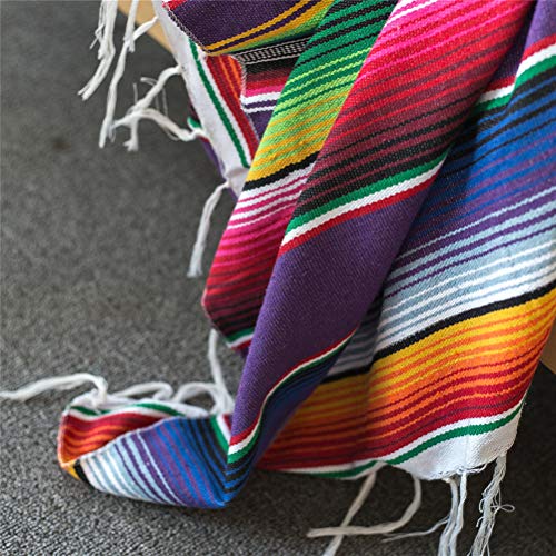 Mexican Serape Blanket With Tassel Bright Colorful Stripe Rainbow Throw Blanket Yoga Beach Blanket Tablecloth Sofa Cover(Purple, 60" X 82") #TOP5