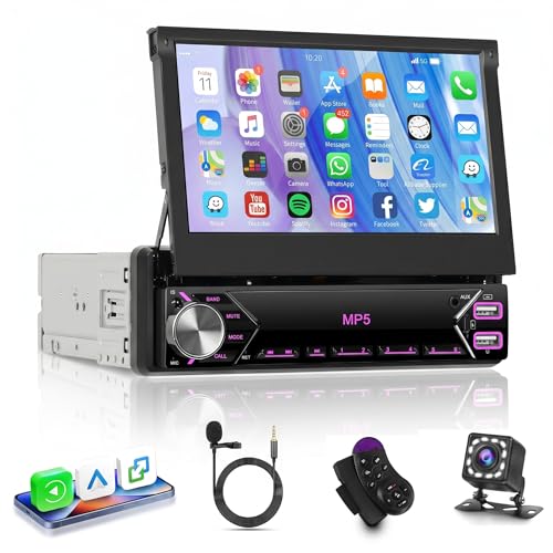 KYNNT 7 inch Single Din Flip Out IPS Touchscreen Car Stereo 1 Din Car Stereo with Bluetooth Car Audio Receivers Backup Camera FM Radio/Mirror Link/USB/AUX/TF/Type-C Fast Charging