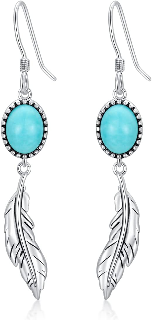 Feather Earrings Genuine Turquoise/Lapis Lazuli/Red Agate/Malachite Dangle Hook Ear...