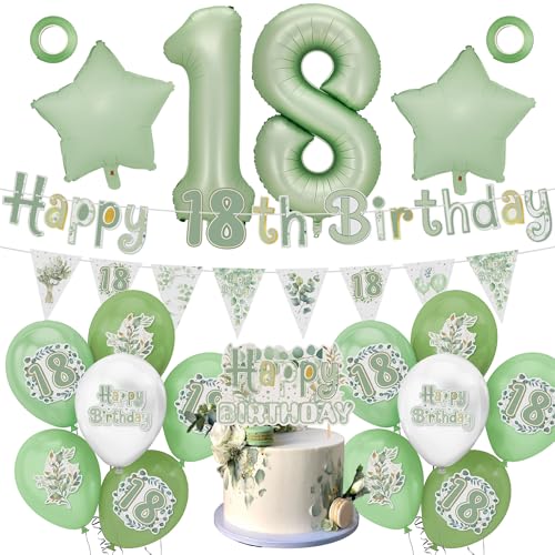 Eucalyptus 18th Birthday Decorations for Girls Boys, Time to Adult Happy Birthday Banner Cake Topper Olive Green Foil Number 18 Balloons Kit for 18 Year Old Birthday Party Supplies - image 1