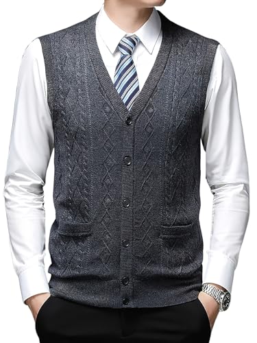 ebossy Men's Wool Blend Knit Cardigans V Neck Button Down Sleeveless Sweater Vest Knitwear