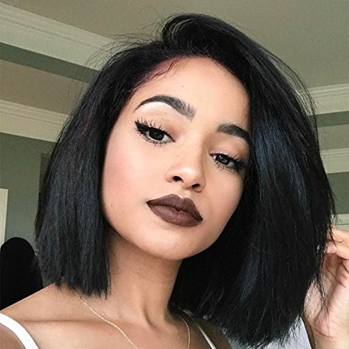 Yaki Straight Short Bob Haircut Front Lace Wig Brazilian Virgin Human Hair Wigs for Women Black Color (10 Inch, Lace Front Wig)