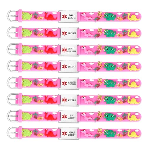 Image of LinnaLove Medical Alert ID Bracelet - Custom or Pre-Engraved, QR Code Available,Blue Dinosaur Band