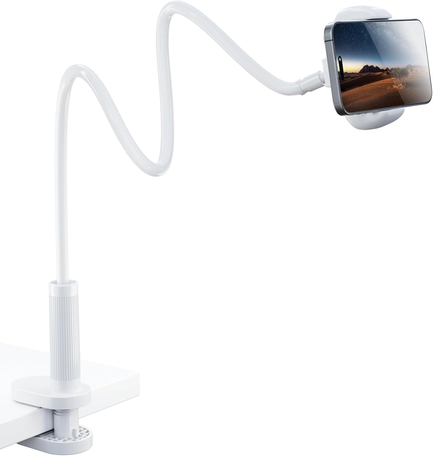 Klsniur Gooseneck Phone Holder for Bed – 360° Flexible Adjustable Clamp, Long Arm Gooseneck Bracket for Desk Headboard Bedside, Compatible with iPhone 16 15 Pro Max XR X 13 & 3.5-7" Devices (White)