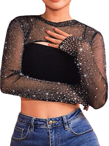 JAKAWIN Women’s Sheer Mesh Bolero Black Glitter Shrug