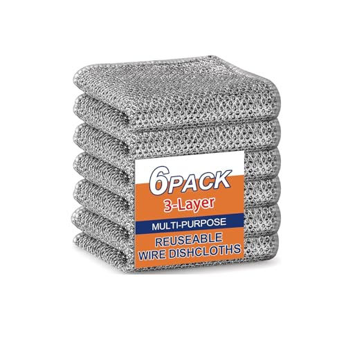 Upgraded 3-Layer Metal Dish Scrubber-6Pcs, No Scratches, Odor-Free, Multi-Purpose Stainless Steel Scouring Pad for Kitchen Cleaning – Dry & Wet Use, for Dishes, Cookware, Sinks, Stove Tops