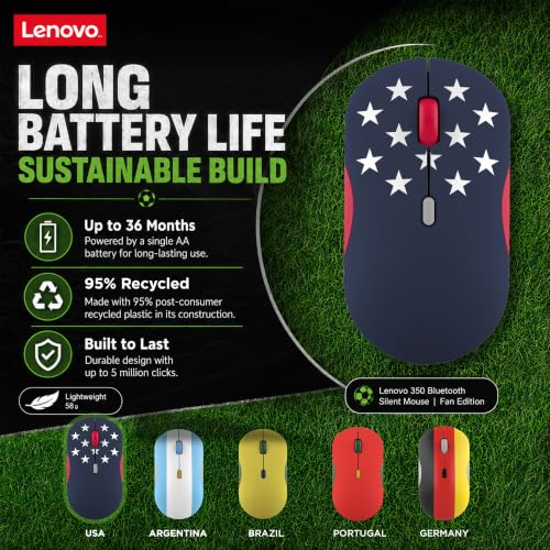 Image of Lenovo 350 Bluetooth Silent Mouse (Fan Edition), Wireless Ergonomic Ambidextrous Design, Bluetooth 5.3, Adjustable DPI up to 2400, 36 Month Battery Life, Recycled Materials, USA Flag