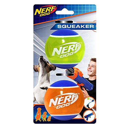 Nerf Dog Rubber Tennis Ball Dog Toys with Interactive Squeaker, Lightweight, Durable and Water Resistant, 2 Inches, for Small/Medium/Large Breeds, Two Pack, Mixed Colors