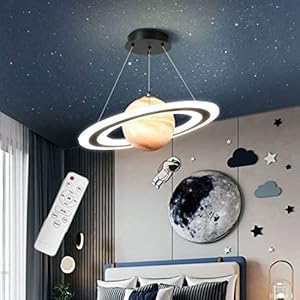 DROMEZ Moderna Lampadario Pianeta 40W LED Bambini Dimmerabile Creativa Lampadario con Paralume Vetro ​Camera da Letto Rotonda Ragazzi Ragazze Lampada a Sospensione, 45CM