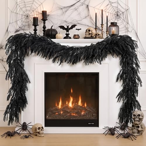 N&T NIETING 9FT Black Garland Artificial Norfolk Pine Garland Real Touch Halloween Garlands Faux Garland for Table Mantle Holiday Fireplace Indoor Outdoor Christmas Gothic Stairs Decorations